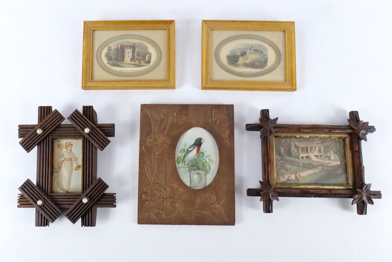 Group Lot of 5 Prints: Group Lot of 5 Prints. Including Pair of Prints depicting European Castle Scenes, Framed Victorian Print depicting Colonial House in Tree Branch Style Frame - One flower AS-IS, Victorian Framed Print