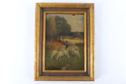 19th Century Oil on Board - Shepherd and Sheep