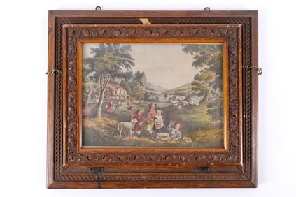 Victorian Oak Wall Hanging Letter Holder with Victorian Print