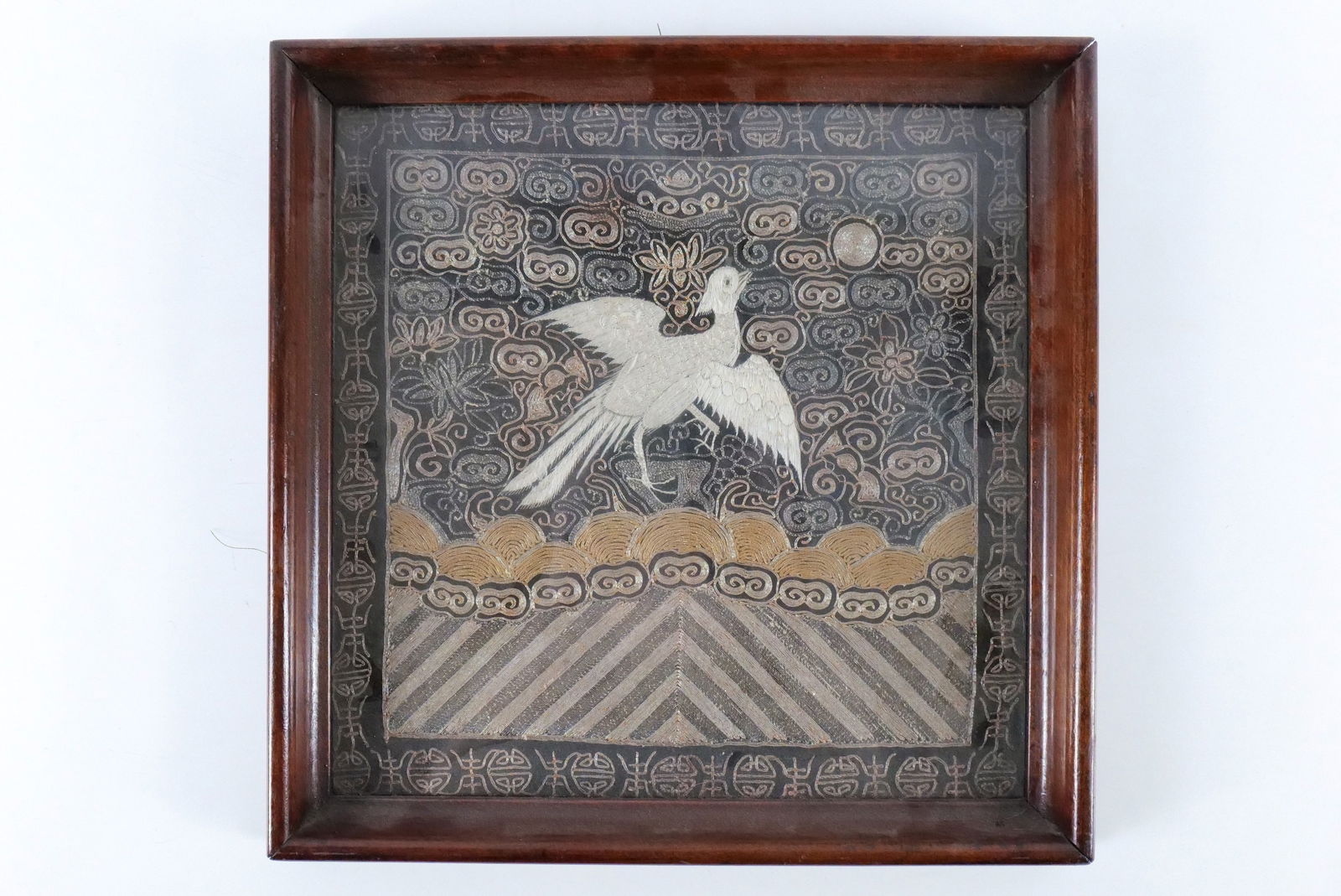 Framed Antique Chinese Civil Rank Embroidered Silk Badge: Framed Antique Chinese Civil Rank Embroidered Silk Badge. Depicting Bird with Metallic Threads. Measures 13" tall x 13" wide. All invoices must be paid within 24 hours of the sale. We offer multiple s