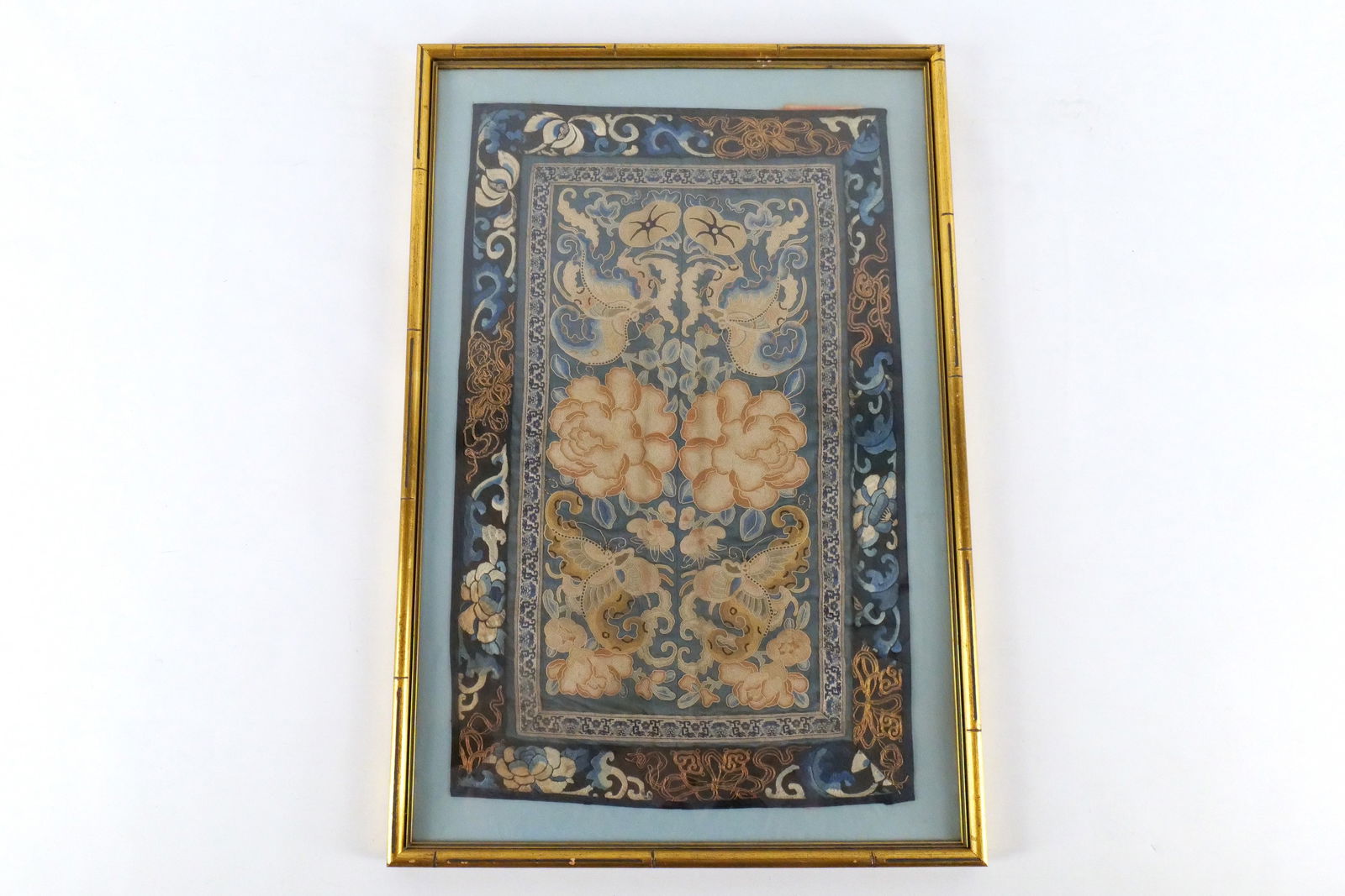 Framed Chinese Silk Embroidery: Framed Chinese Silk Embroidery. Peonies and Butterfly Motif. "Love and Happiness". Comes in gold frame. Measures 23.5" tall x 15.75" wide. All invoices must be paid within 24 hours of the sale. We off