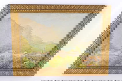 Framed Watercolor on Paper - Village Scene