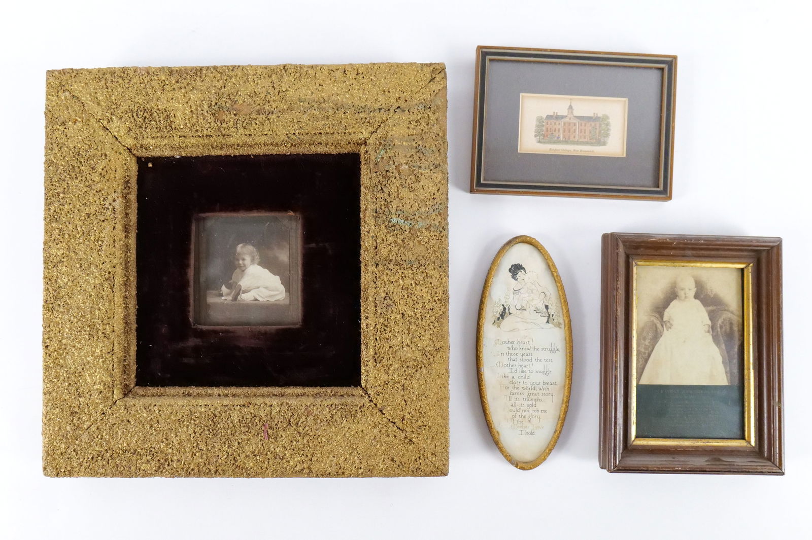 Lot of Vintage Art: Lot of Vintage Art. Including Photograph of Victorian Child with Brown Velvet Matte - Some loss to gold textured frame, Victorian Cabinet Card of Baby with Poem on back, Oval Mother and Child Print wi