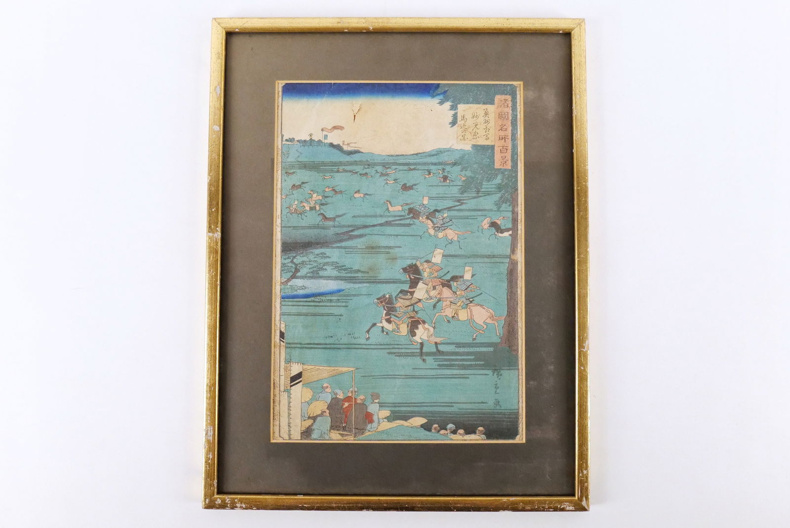 Japanese Woodblock Print: Japanese Woodblock Print. Depicting Warriors. Has a tear and some discoloration. Frame has scratching. Frame missing glass. Measures 17.75" tall x 13.75" wide. All invoices must be paid within 24 hour