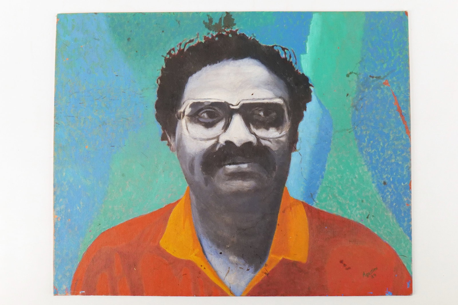 Oil on Board by Louis Agostini: Oil on Board by Louis Agostini. Depicting a Man. Signed lower right Dated 1989. Some staining on the painting. Measures 16" tall x 20" wide. Louis Agostini was an American painter who was know in New 