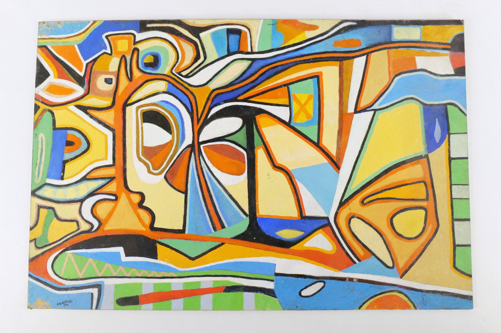 Oil on Board by Louis Agostini: Oil on Board by Louis Agostini. Depicting Modern Design. Signed lower left. Dated 2002. Some staining on the painting and wear to corners. Measures 20" tall x 30" wide. Louis Agostini was an American