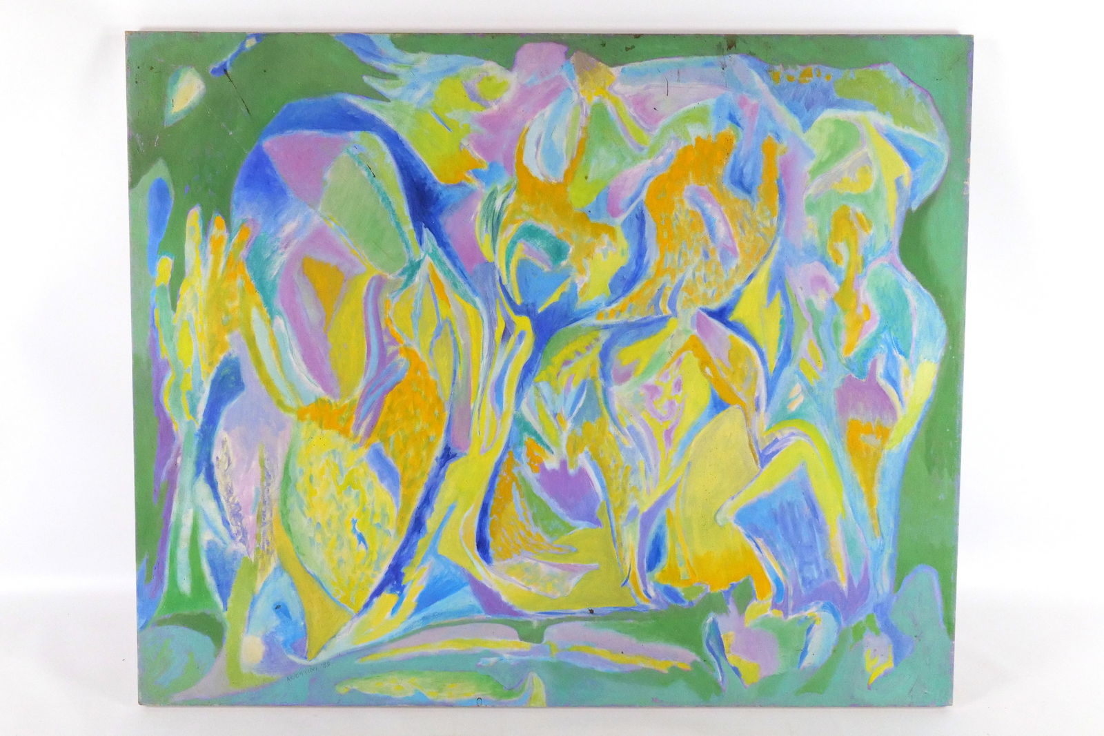 Oil on Canvas by Louis Agostini: Oil on Canvas by Louis Agostini. Depicting Modern Design. Signed lower left. Dated 1989. Some staining on canvas. Measures 26" tall x 32" wide. Louis Agostini was an American painter who was know in N