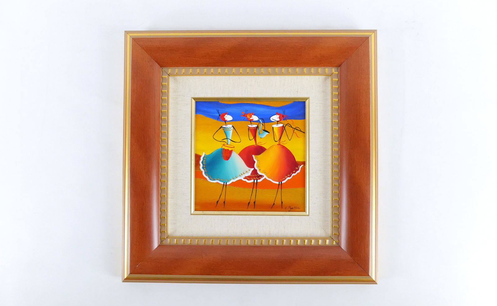 Oil on Wood Panel by Esther Myatlov: Oil on Wood Panel by Esther Myatlov entitled "Melody Time in Family". Comes with COA from Princess Fine Arts. Measures 17 inches tall by 17 inches long. Frame has black marker repair on the top right