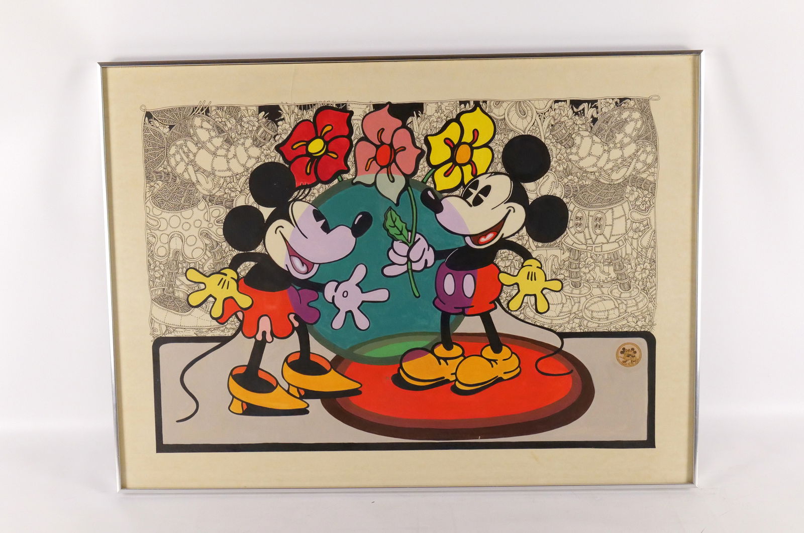 Ink, Stencil and Collage on Paper by John Fawcett: Ink, Stencil and Collage on Paper by John Fawcett entitled "Mickey Gives Minnie Flowers" 1971, Paper has a crease on top left at the boarder but does not takeaway from the image. Came from a New York