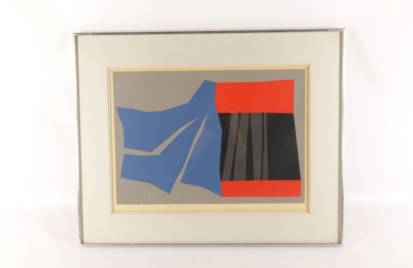 Serigraph by Harold Krisel: Serigraph by Harold Krisel entitled "Open Parade" signed lower right and dated 1970 number 16/55. Came from a New York City Office. Measures 23 inches tall by 28.5 inches long. Has slight fading to th