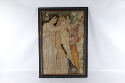19th Century oil on tapestry depicting 3 Women