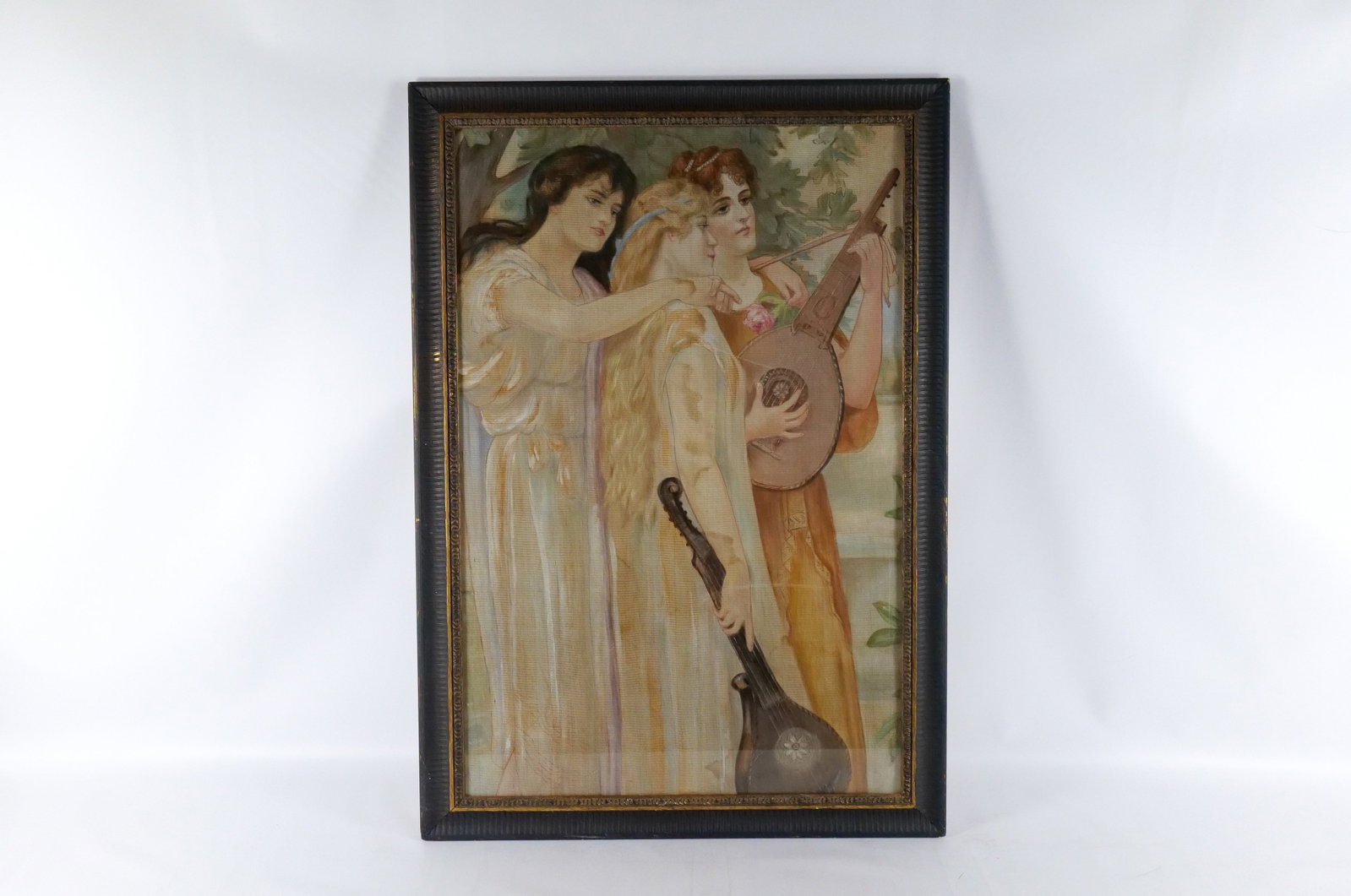 19th Century oil on tapestry depicting 3 Women: 19th Century oil on tapestry depicting 3 women playing instruments near a lake. Artist initials top left. Measures 40.5 inches tall by 28.5 inches long. All invoices must be paid within 24 hours of th