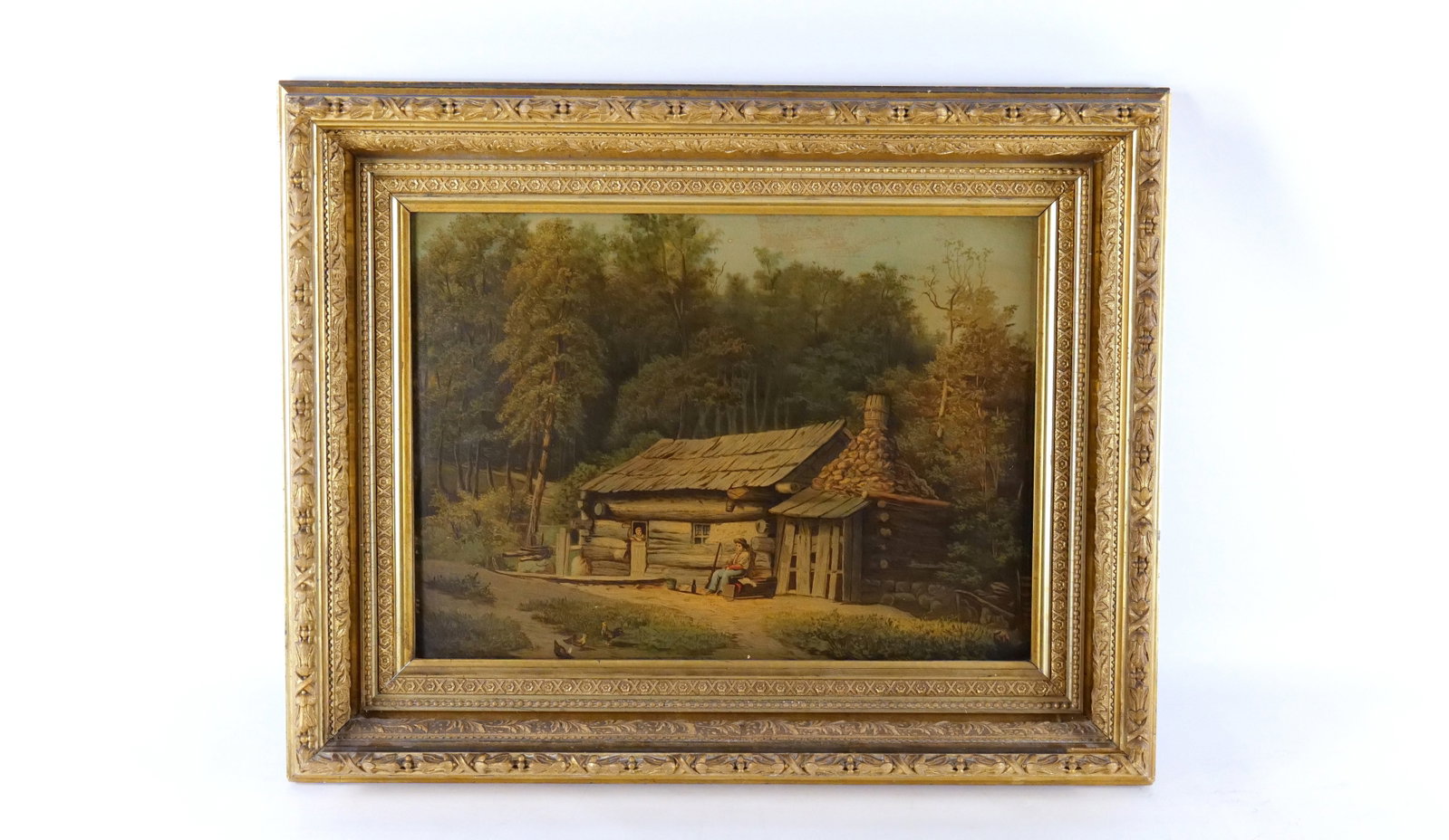 Early Lithograph on Canvas After J.H. Gregg: Early Lithograph on Canvas After J.H. Gregg entitled "Log Cabin" depicting a log cabin in the woods with hunter and wife with chickens in the foreground. Canvas on back marked L. Prang & Co. Boston. M