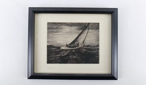 Engraving depicting a sail boat on a stormy sea