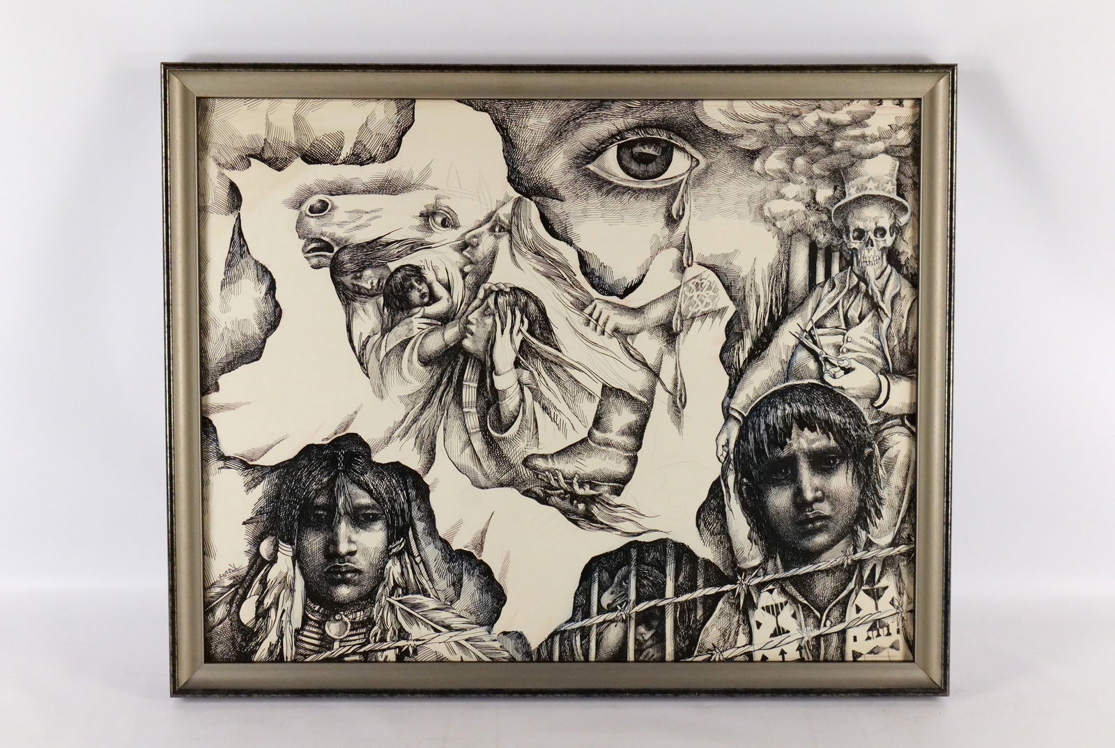 Pen & Ink by Josef Kozak (1953-2025): Pen & Ink by Josef Kozak (1953-2025) Folk Art Native American Indian Themed Illustration depicting Indians under the tyranny of America with a Uncle Sam Skelton figure. Signed lower left. Measures 23