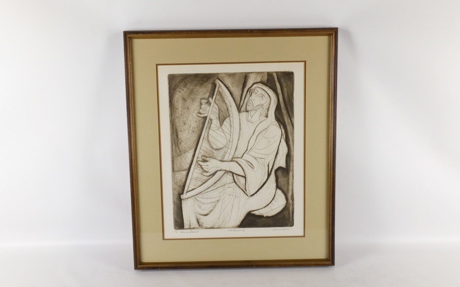 Artist Proof by Irving Amen (1918-2007): Artist Proof by Irving Amen (1918-2007) entitled King David, signed lower right. Measures 27 inches tall by 24 inches long. Irving Amen was a versatile American artist known for his vibrant woodcuts, 