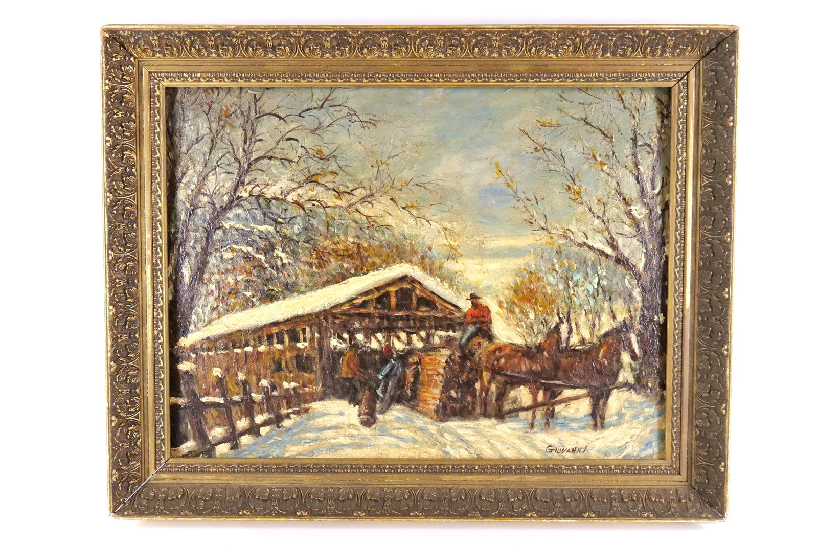 Oil on Board by Giovanni: Oil on Board by Giovanni depicting a winter snowy covered bridge scene, sighed lower right. Measures 25 inches tall by 31 inches long, frame as found. All invoices must be paid within 24 hours of the 