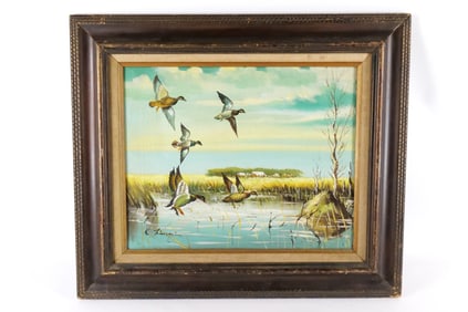 Oil on Canvas depicting Ducks in Flight
