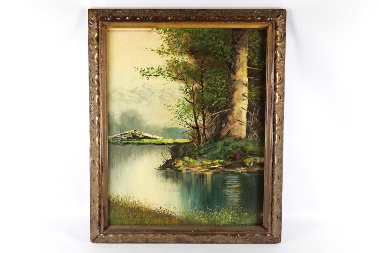 Serigraph on Canvas Landscape: Serigraph on Canvas with hand painted accents depicting a landscape with a lake. Signed lower left undetermined. Measures 35 inches tall by 28 inches long canvas has repair on back and some crazing. A