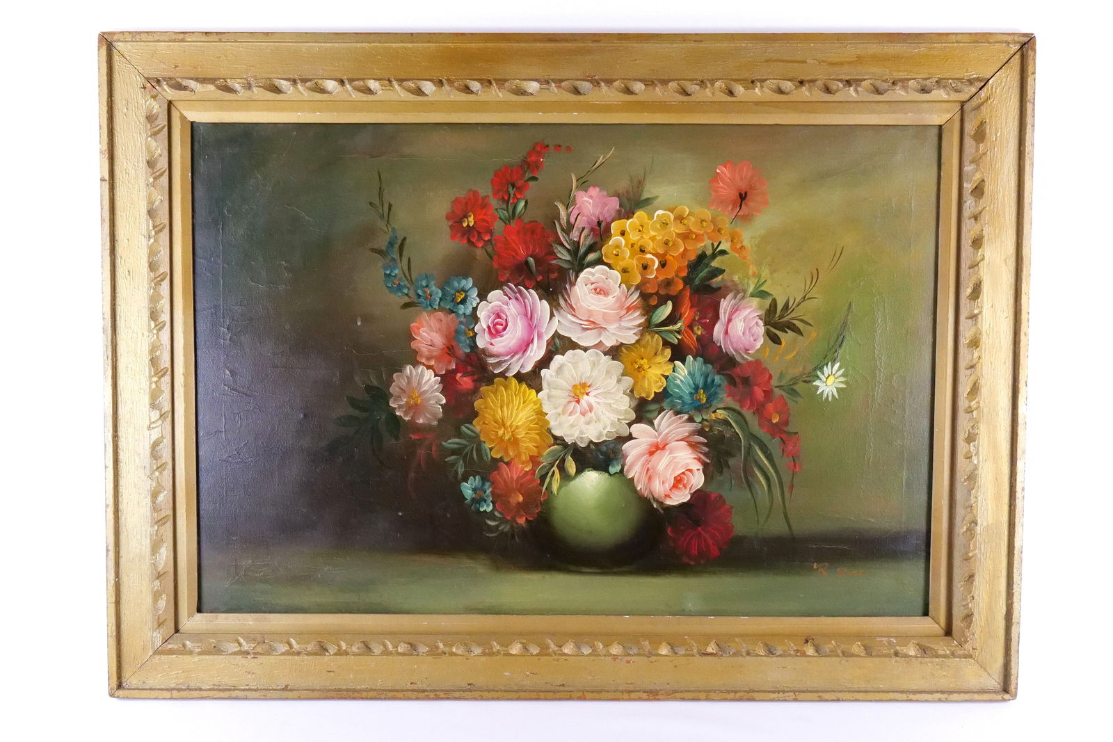 Oil on Canvas by R. Ross: Oil on Canvas by R. Ross depicting a still life of a vase with flowers, signed lower right. Measures 32 inches tall by 44 inches long, frame as found. All invoices must be paid within 24 hours of the