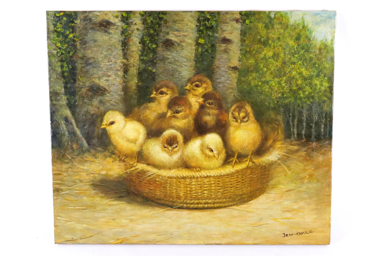 Serigraph on Canvas with hand painted accents: Serigraph on Canvas with hand painted accents depicting chicks in a basket. Measures 20 inches tall 24 inches long. All invoices must be paid within 24 hours of the sale. We offer multiple shipping op