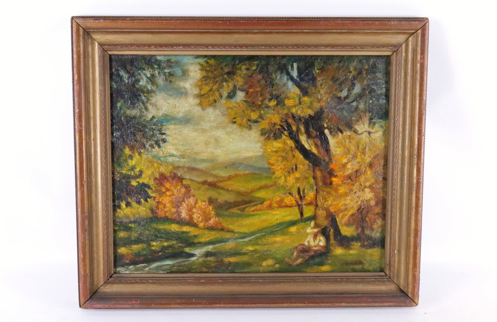 Oil on Canvas Impressionist Painting: Oil on Canvas Impressionist Painting depicting a landscape with a man resting next to a tree, signed lower right undetermined. Measures 20.5 inches tall by 24.5 inches long, canvas has repair. All inv
