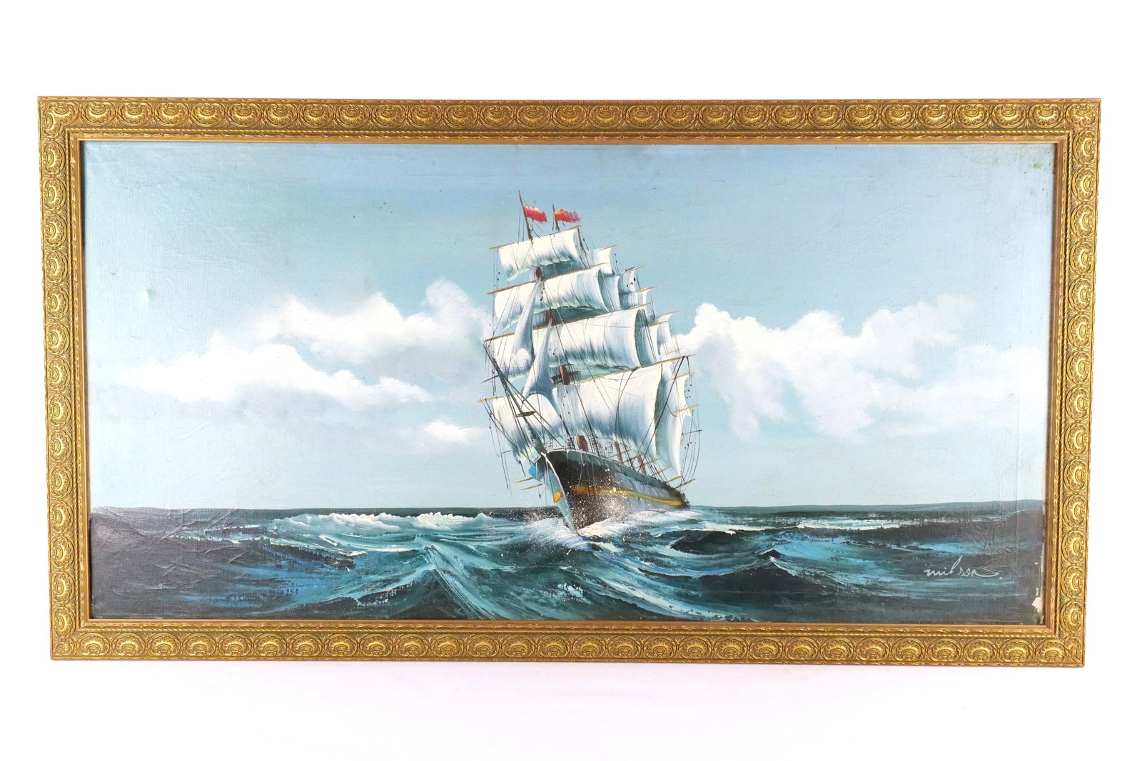 Oil on Canvas by Wilson: Oil on Canvas by Wilson depicting a tall ship at sea, signed lower right. Measures 28.5 inches tall by 52 inches long, has some paint loss on the right boarder. All invoices must be paid within 24 hou