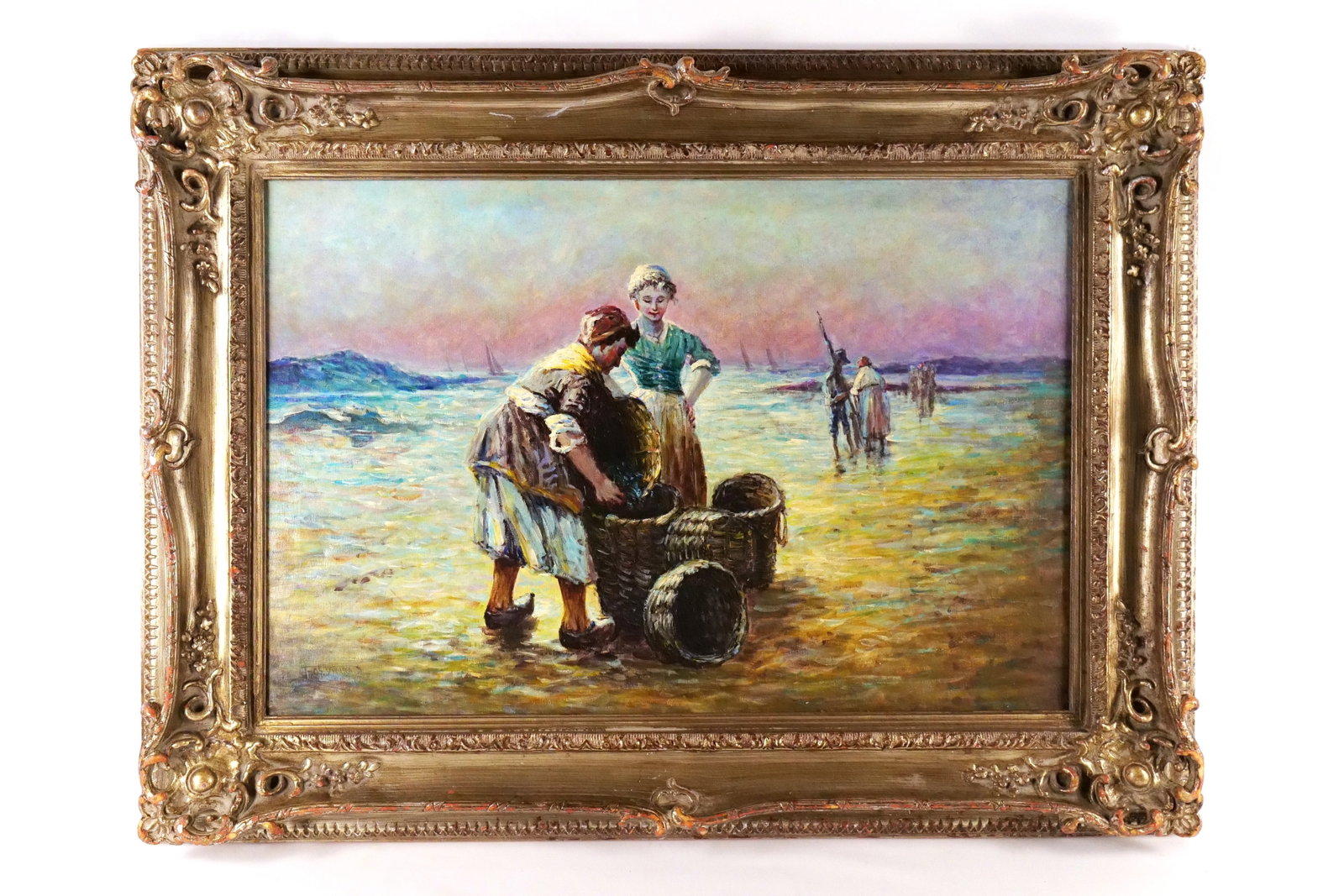 Serigraph on Canvas with hand painted accents: Serigraph on Canvas with hand painted accents depicting a fishing costal scene. Measures 35 inches tall by 47 inches long, frame as found with some scratching. All invoices must be paid within 24 hour