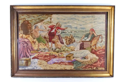 Framed Needlepoint depicting a Costal Scene