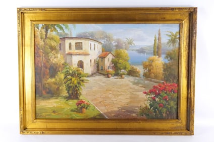 Oil on Canvas depicting a Cottage on a Lake