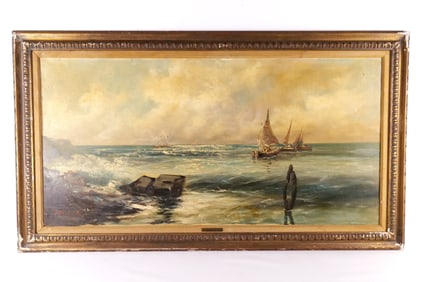 Oil on Canvas by Dossena depicting a Coastal Scene
