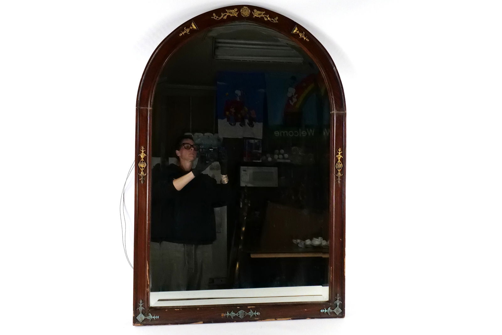 French Satinwood Mirror: French Satinwood Mirror with bronze mounts and beveled edges. Some mounts have tarnishing. Measures 41 inches tall by 27.5 inches wide. All invoices must be paid within 24 hours of the sale. We offer