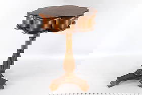 Walnut Side Table: Walnut side table. Measures 25 inches tall by 16 inches wide, top has scratches and paint splatter marks. All invoices must be paid within 24 hours of the sale. We offer multiple shipping options, ple