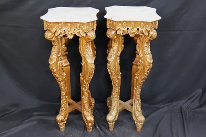 Pair of Marble Topped Gold Gilded Plantstand/Pedestal Tables