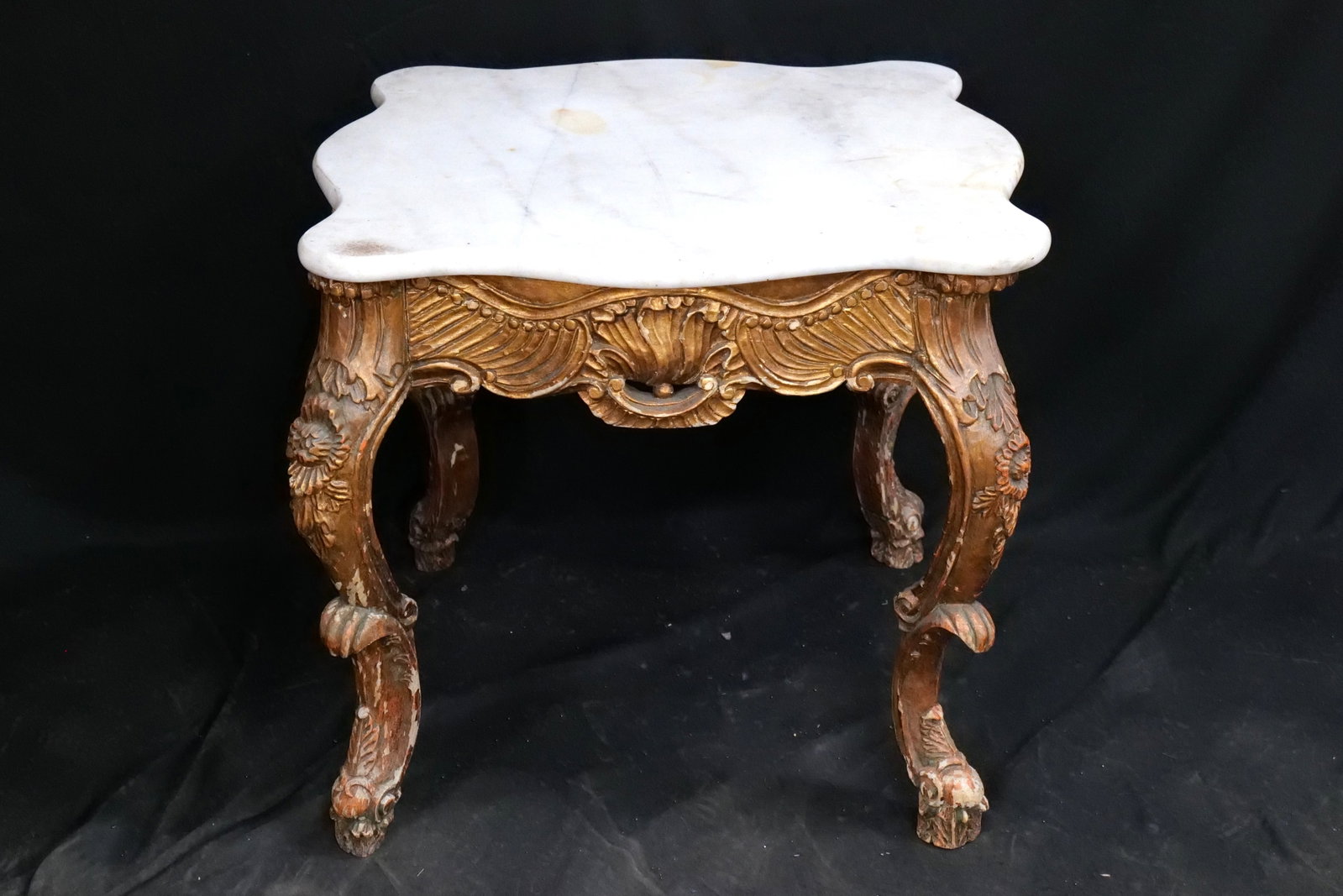 French Provincial Marble Topped Side Table: French Provincial Marble Topped side table. Measures 21 inches tall by 24 inches wide. All invoices must be paid within 24 hours of the sale. We offer multiple shipping options, please read the shippi