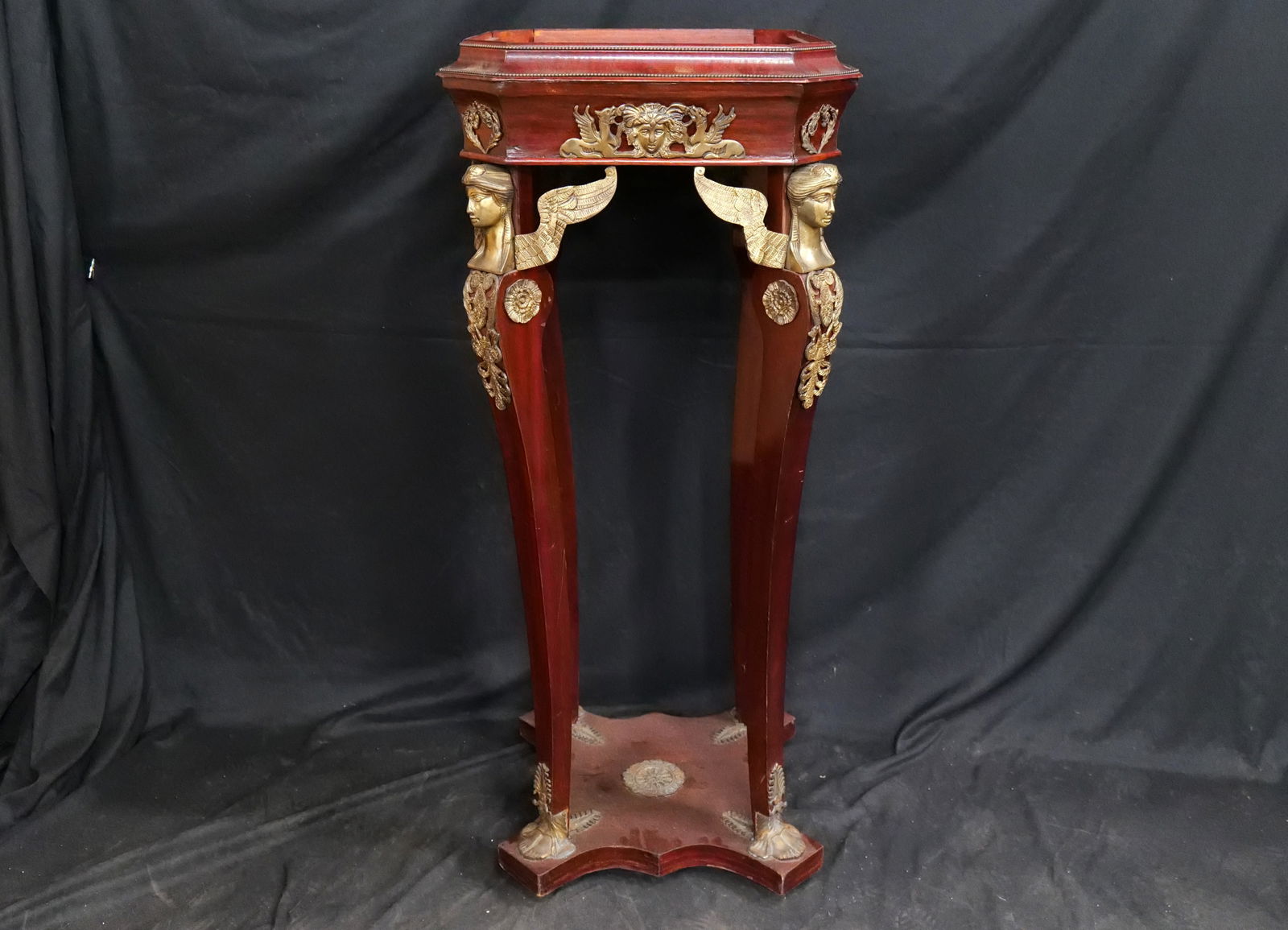 French Egyptian Revival Style Pedestal: French Egyptian Revival Style Pedestal with bronze mounts and decoration. Measures 48 inches tall by 20 inches square missing a marble top. All invoices must be paid within 24 hours of the sale. We of
