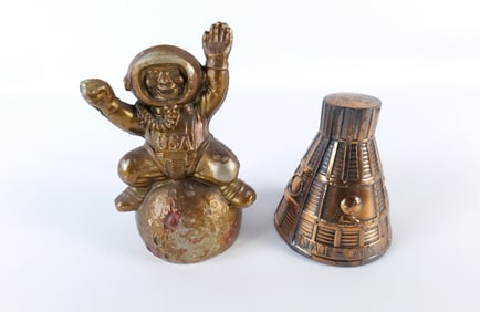 Lot of 2 Vintage Brass and Mixed Metal Space Themed Banks