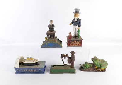 Lot of 5 Vintage Reproduction Cast Iron Banks