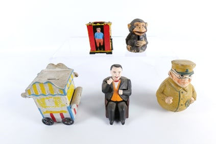 Lot of 5 Vintage Reproduction Cast Iron Banks