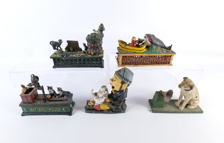 Lot of 5 Vintage Reproduction Cast Iron Animal Banks