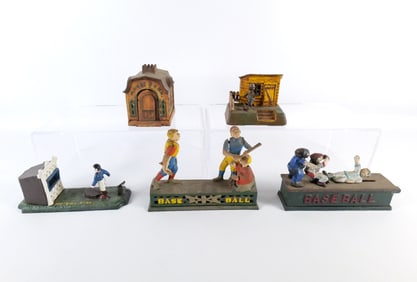 Lot of 5 Vintage Reproduction Cast Iron Banks