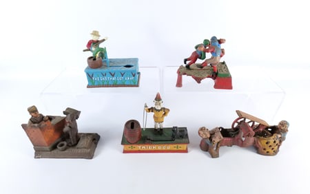 Lot of 5 Vintage Reproduction Cast Iron Christmas Banks