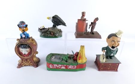 Lot of 5 Vintage Reproduction Cast Iron Christmas Banks