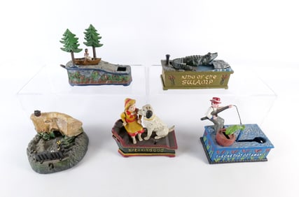 Lot of 5 Vintage Reproduction Cast Iron Christmas Banks