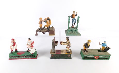 Lot of 5 Vintage Reproduction Cast Iron Christmas Banks