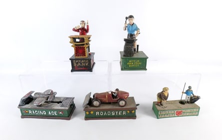 Lot of 5 Vintage Reproduction Cast Iron Banks