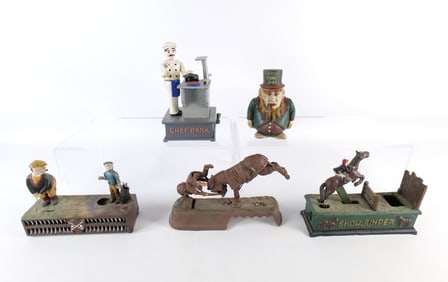 Lot of 5 Vintage Reproduction Cast Iron Banks