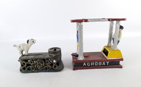 Lot of 2 Vintage Reproduction Bits and Pieces Cast Iron Mechanical Banks