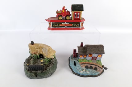 Lot of 3 Vintage Reproduction Bits and Pieces Mechanical Cast Iron Banks