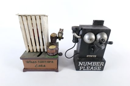 Lot of 2 Vintage Hawthorne Direct Reproduction Mechanical Cast Iron Banks